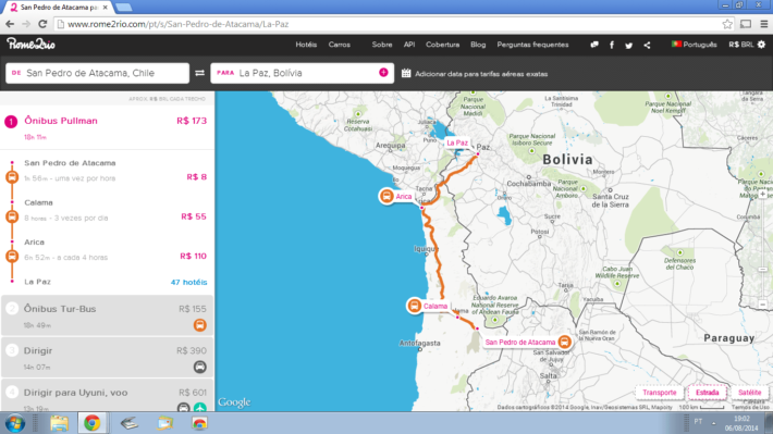 Rome2Rio: trajeto de San Pedro de Atacama a La Paz
