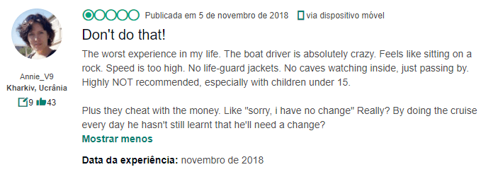 Comentário no Tripadvisor sobre o Supreme Powerboats