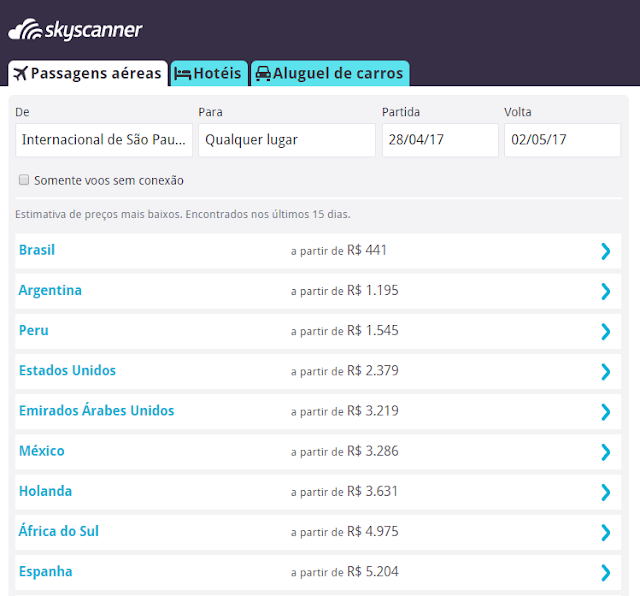 Skyscanner: lista de países com os preços mínimos das passagens