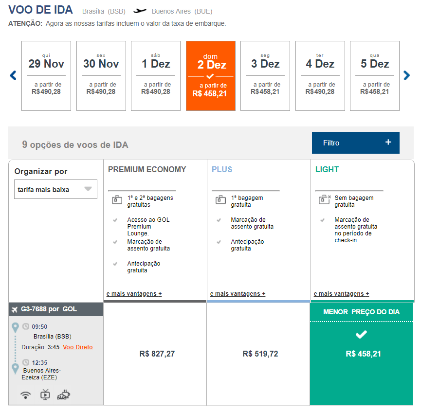 preço do voo Gol entre Brasília e Buenos Aires