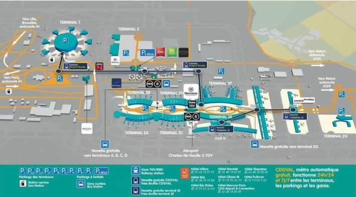 Mapa Geral do Aeroporto Charles de Gaulle, Paris