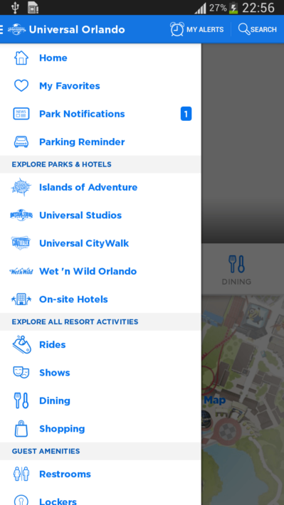 Menu do Aplicativo dos Parques da Universal Studios Orlando