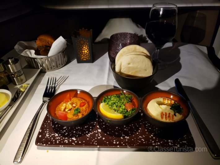 Arabic Starter with hummus, tabbouleh, and bread, Qatar Airways