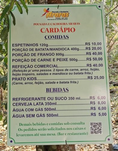 Cardápio do Bar da Cachoeira das Araras, Pirenópolis