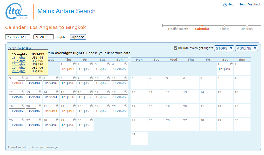 Airfares for different lengths of stay, Matrix Itasoftware