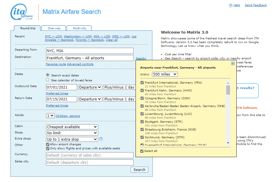 Airports Near Frankfurt, Matrix Itasoftware Search