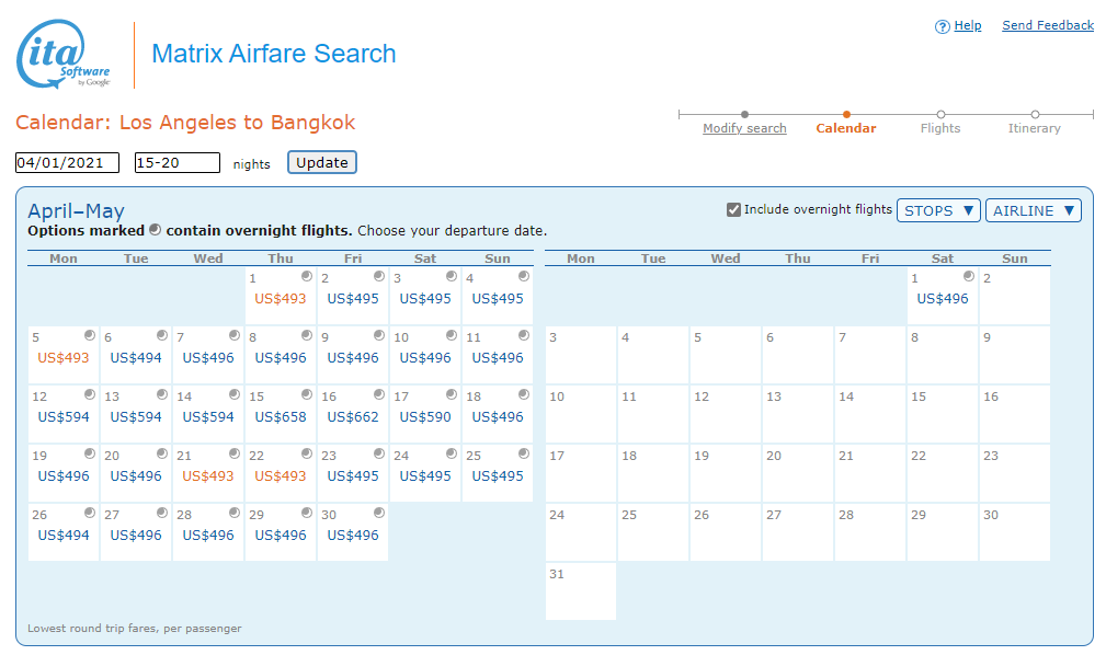 Best dates to fly between LAX and BKK, Matrix Itasoftware