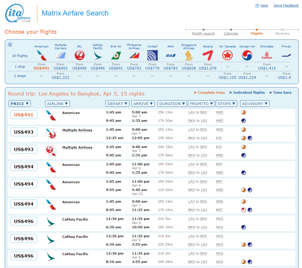 Flights between LAX and BKK with lowest airfares