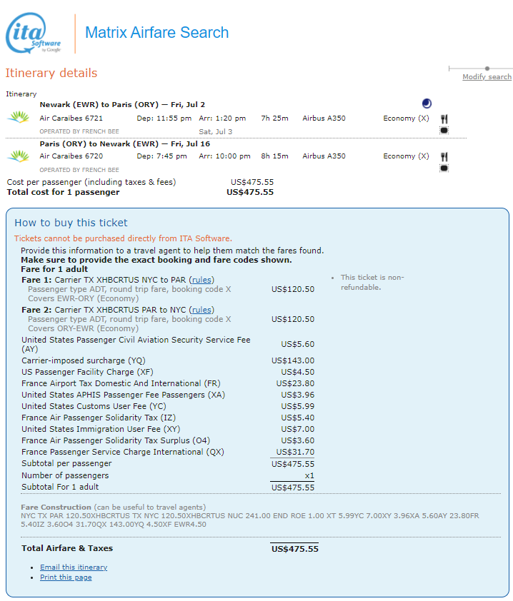 Itinerary Details, Matrix Airfare Search