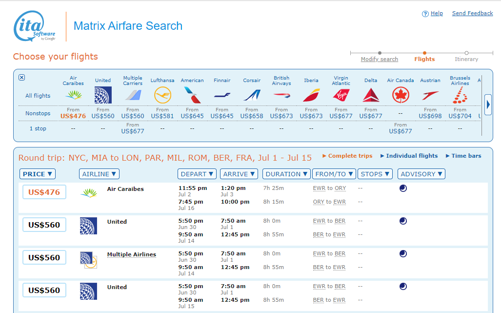 Multiple Airport Option Search Results, ITA Matrix