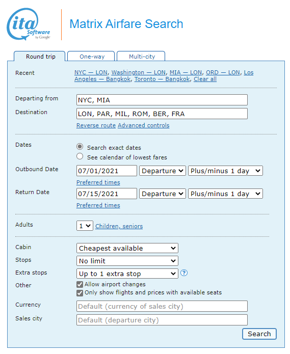 Search with Multiple Airport Options, ITA Matrix