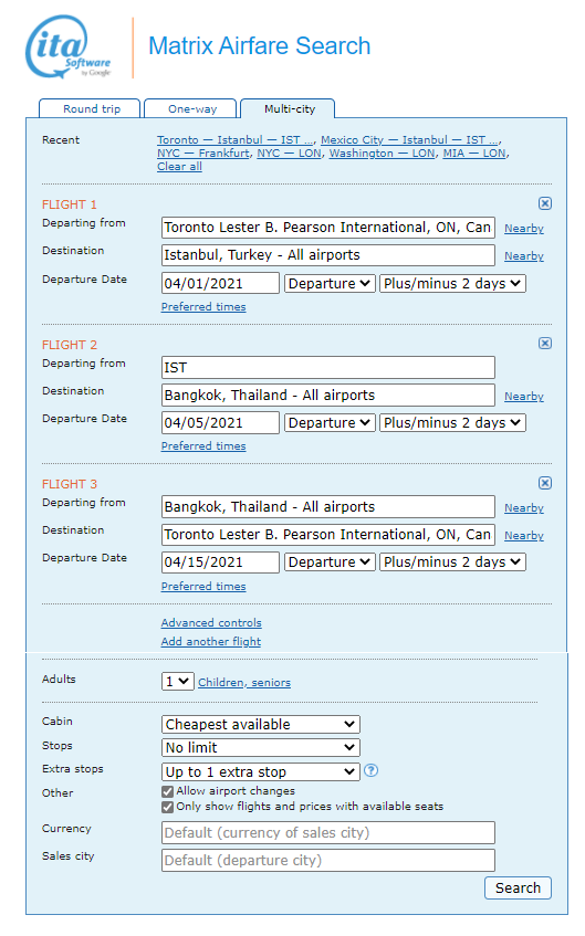 From Toronto to Bangkok, connecting in Istanbul - Matrix Airfare Search