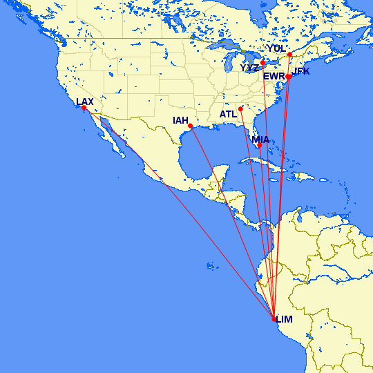 Flights to Lima from North American airport hubs